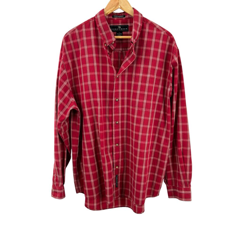 Consensus Shirt Size X Large Mens Red Plaid Long Sleeve Button Down Collar Shirt